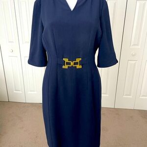 Tahari Elegant Navy Dress with Gold Accent